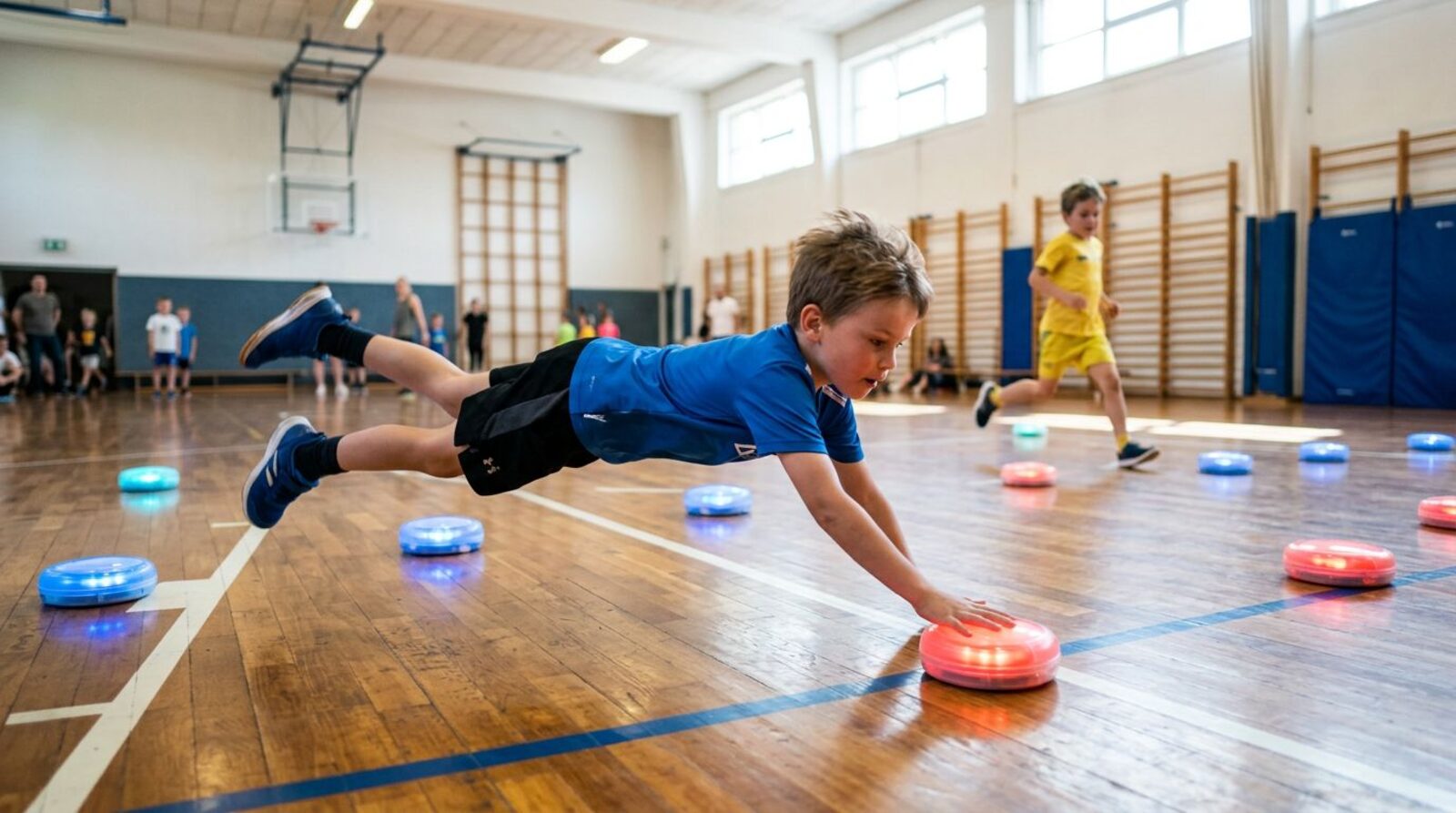 A boy diving to slap a glowing red pod on a gym floor